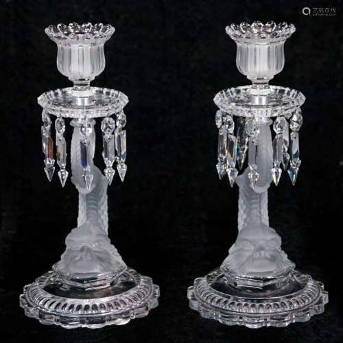 A pair of Baccarat frosted and clear glass luster candlestic...