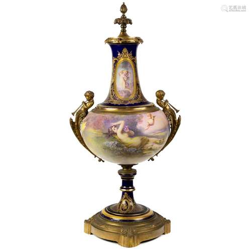 A Sevres style gilt bronze mounted porcelain urn, late 19th ...