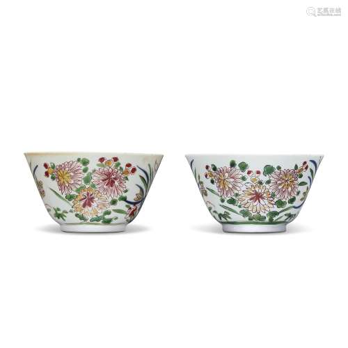 TWO SMALL ENAMELLED 'FLORAL' DEEP BOWLS