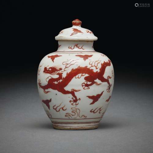 A SMALL AND RARE IRON-RED-DECORATED 'DRAGON’ JAR AND COV...
