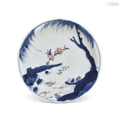 AN UNDERGLAZE-BLUE AND COPPER-RED-DECORATED SAUCER DISH
