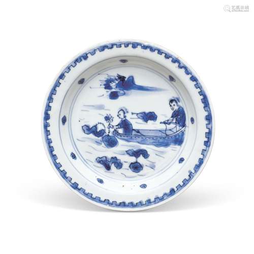 A BLUE AND WHITE 'LOTUS PICKING’ DISH