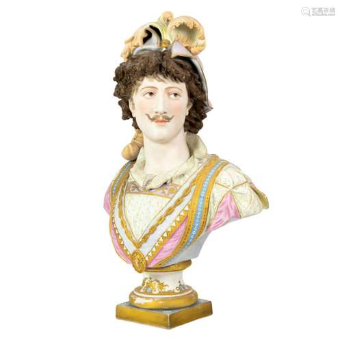 A large Continental bisque porcelain bust of a man in Renais...