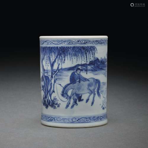 A BLUE AND WHITE BRUSH POT