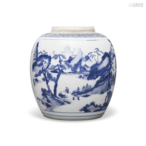 A BLUE AND WHITE 'LANDSCAPE' GINGER JAR