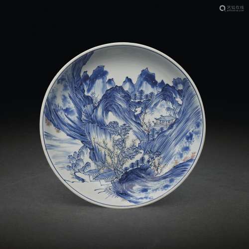 A RARE LARGE UNDERGLAZE-BLUE AND COPPER-RED-DECORATED 'M...