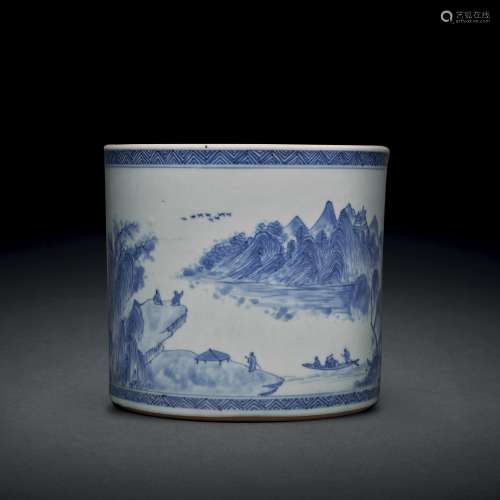 A RARE BLUE AND WHITE ‘MASTER OF THE ROCKS’ BRUSH POT