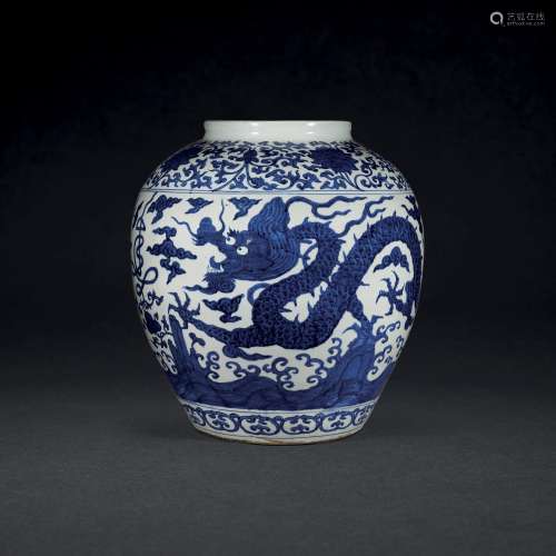 AN IMPORTANT AND RARE LARGE BLUE AND WHITE 'DRAGON' ...