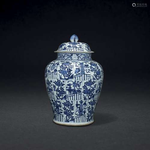 A LARGE BLUE AND WHITE JAR AND COVER