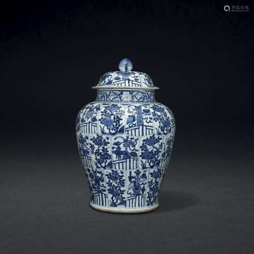 A LARGE BLUE AND WHITE JAR AND COVER