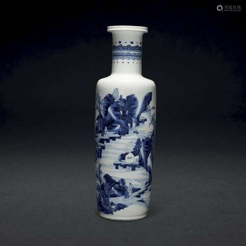 A RARE LARGE BLUE AND WHITE ‘FIGURAL’ ROULEAU VASE