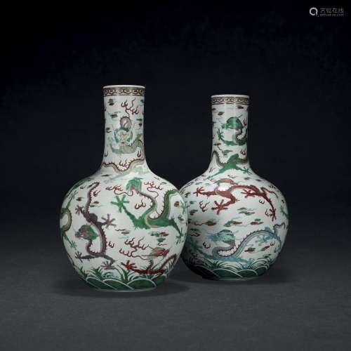 A LARGE PAIR OF DOUCAI 'NINE DRAGON' VASES, TIANQIUP...