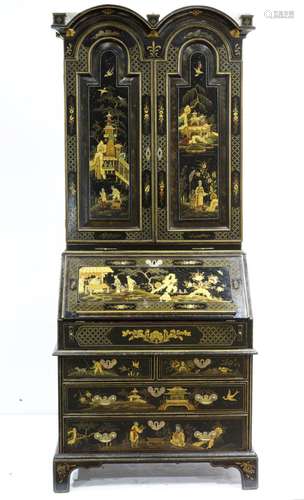 A Queen Anne style Chinoiserie decorated secretary bookcase