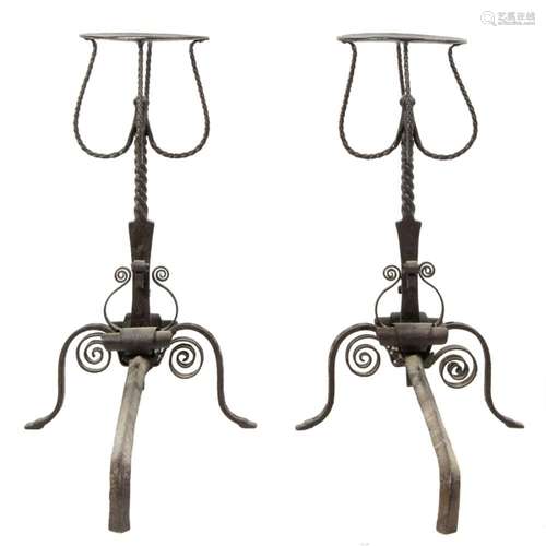 A pair of Spanish Baroque style wrought iron andirons