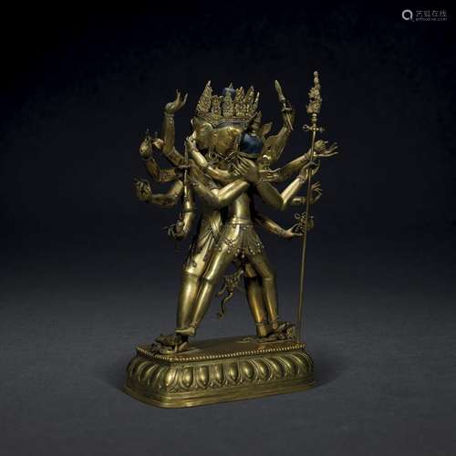 A LARGE REPOUSSE GILT-BRONZE FIGURE OF CHAKRASAMVARA AND VAJ...