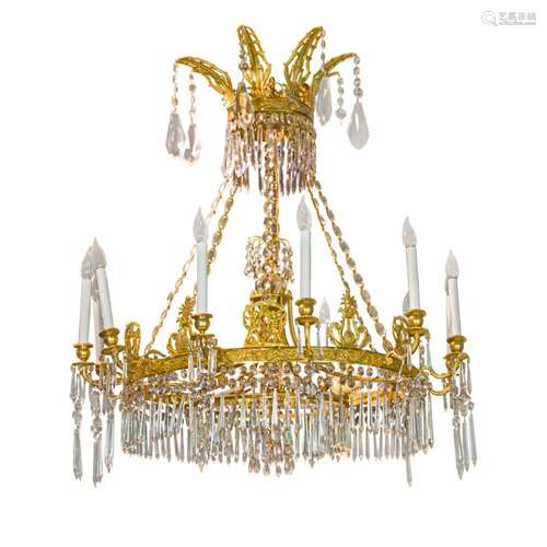 A Russian Napoleonic gilt bronze crystal chandelier