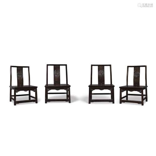 A SET OF FOUR CARVED ZITAN LOW CHAIRS