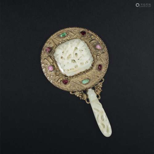 A JADE AND HARDSTONE EMBELLISHED REPOUSSE GILT-METAL MIRROR