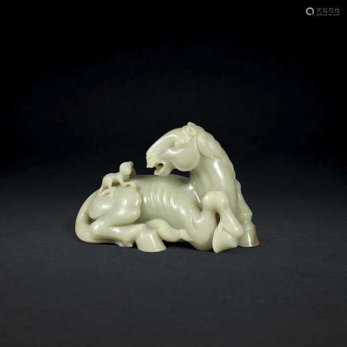 A CELADON JADE HORSE AND MONKEY GROUP