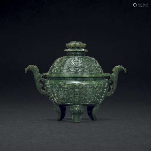 A SUPERB SPINACH-GREEN JADE TRIPOD CENSER AND COVER