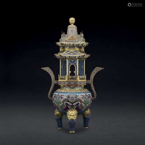 A RARE GILT-BRONZE AND CLOISONNÉ ENAMEL PAGODA-FORM TRIPOD C...