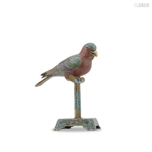 A RARE CLOISONNÉ ENAMEL MODEL OF A PARROT AND STAND
