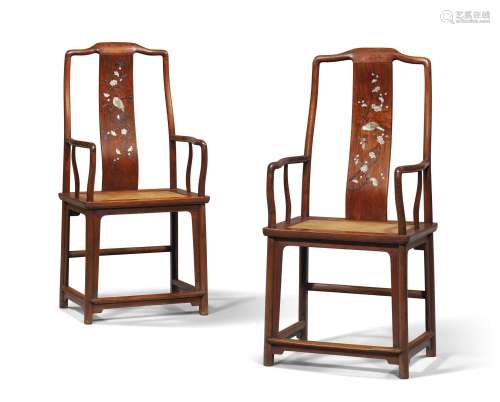 A VERY RARE PAIR OF INLAID HUANGHUALI ‘SOUTHERN OFFICIAL’S H...