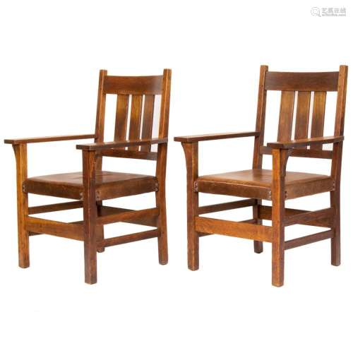 A pair of Gustav Stickley quartersawn oak armchairs #366