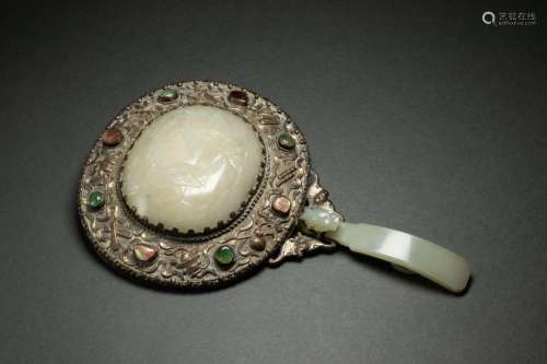 Chinese silver mounted white jade hand mirror