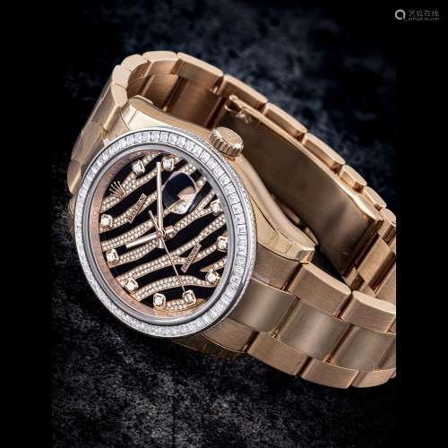ROLEX. AN 18K PINK GOLD, DIAMOND-SET AND BLACK LACQUER AUTOM...