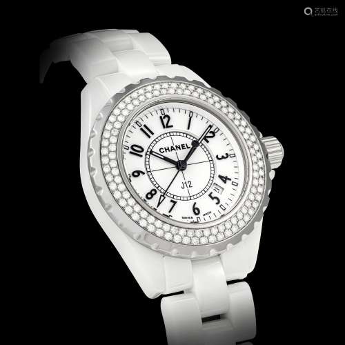 CHANEL. A WHITE CERAMIC AND DIAMOND-SET WRISTWATCH WITH SWEE...