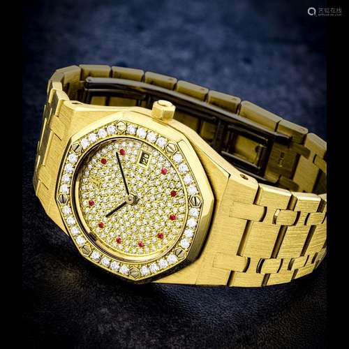 AUDEMARS PIGUET. AN 18K GOLD, DIAMOND AND RUBY-SET AUTOMATIC...