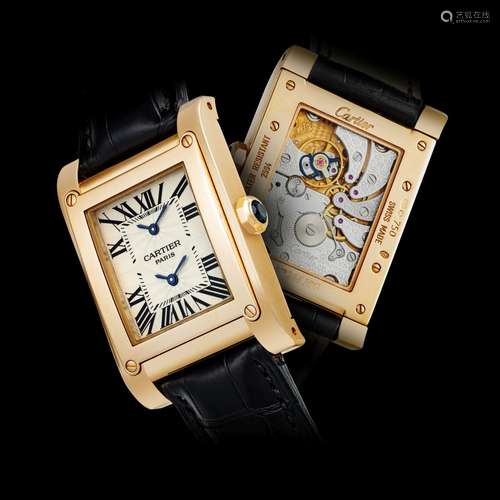 CARTIER. AN 18K PINK GOLD RECTANGULAR DUAL TIME WRISTWATCH&q...