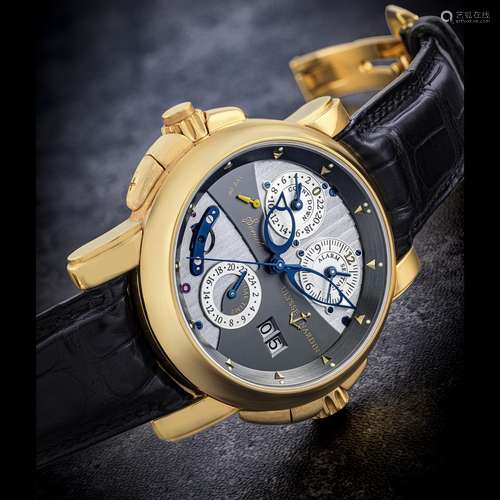 ULYSSE NARDIN. AN 18K GOLD AUTOMATIC DUAL TIME WRISTWATCH WI...