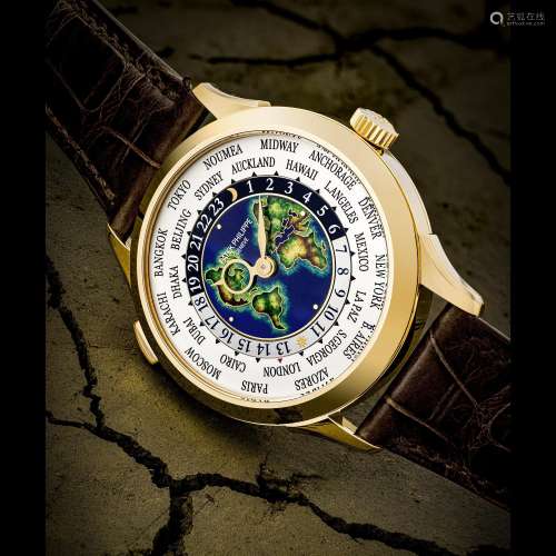 PATEK PHILIPPE. A RARE AND SUPERB 18K GOLD AUTOMATIC WORLD T...