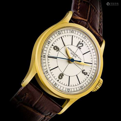 PATEK PHILIPPE. A RARE 18K GOLD WRISTWATCH WITH SWEEP CENTRE...