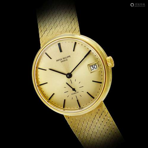 PATEK PHILIPPE. AN 18K GOLD AUTOMATIC BRACELET WATCH WITH DA...