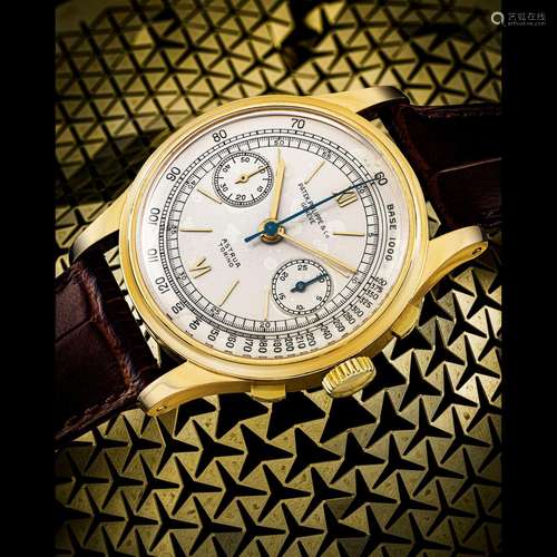 PATEK PHILIPPE. AN EXTREMELY RARE 18K GOLD CHRONOGRAPH WRIST...