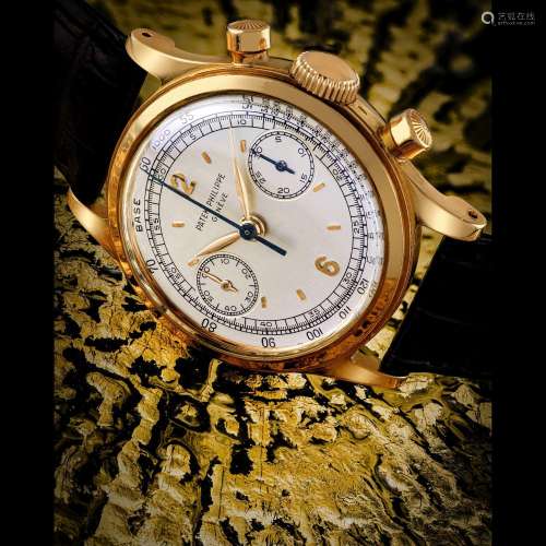 PATEK PHILIPPE. A VERY RARE AND GORGEOUS 18K PINK GOLD CHRON...