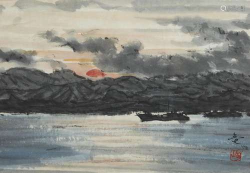 AQUARELLE<br />
sur papier, représentant des bateaux navigan...