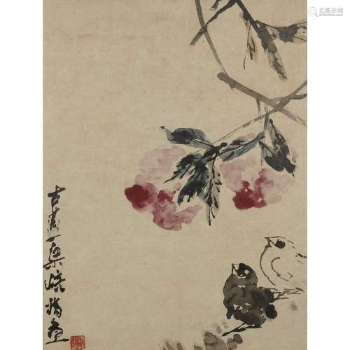 LIANG QI (1906-1996)<br />
Fleurs et poussins<br />
Peinture...