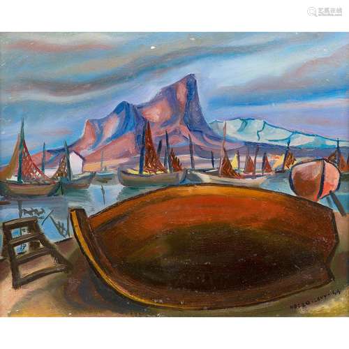 NELLO LÉVY (1921-1992)<br />
BARQUE ET BATEAUX DEVANT LA MON...