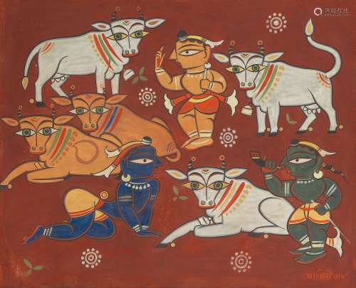 【*】Jamini Roy (Indian, 1887-1972) Untitled (Krishna and Cows...