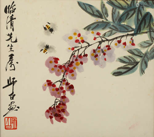 娄师白  紫藤蜜蜂 纸本镜框