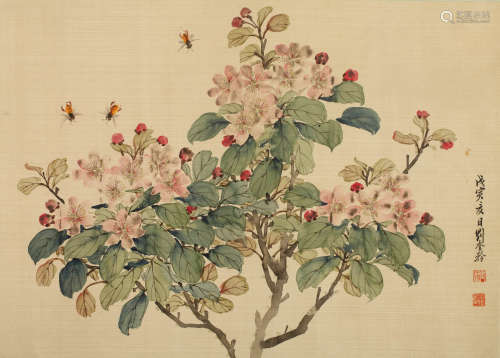 刘奎龄 1922年作 蜜蜂海棠图 纸本镜片