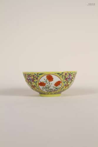 A Chinese 19th-century yellow ground windowed pastel floral ...