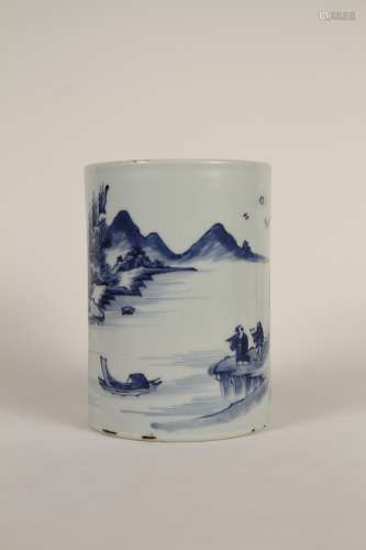 A pen holder of a Chinese blue-and-white landscape figure fr...