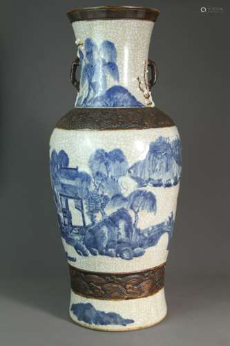 A Chinese 19th-century glazed blue-and-white landscape prize...