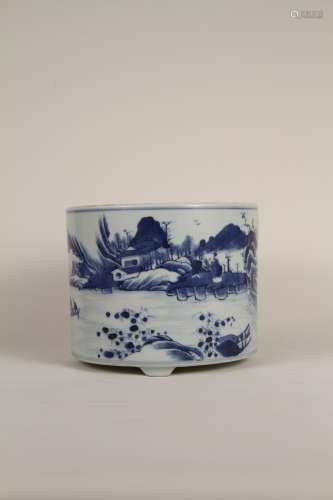 A pen holder of a Chinese blue-and-white landscape figure fr...