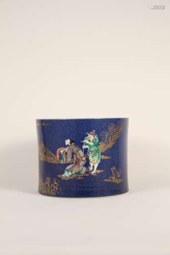 A Chinese pen holder of multicolored gold figures on a blue ...
